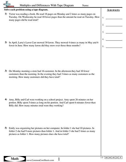 Tape Diagram Worksheets - Multiples and Differences With Tape Diagram worksheet